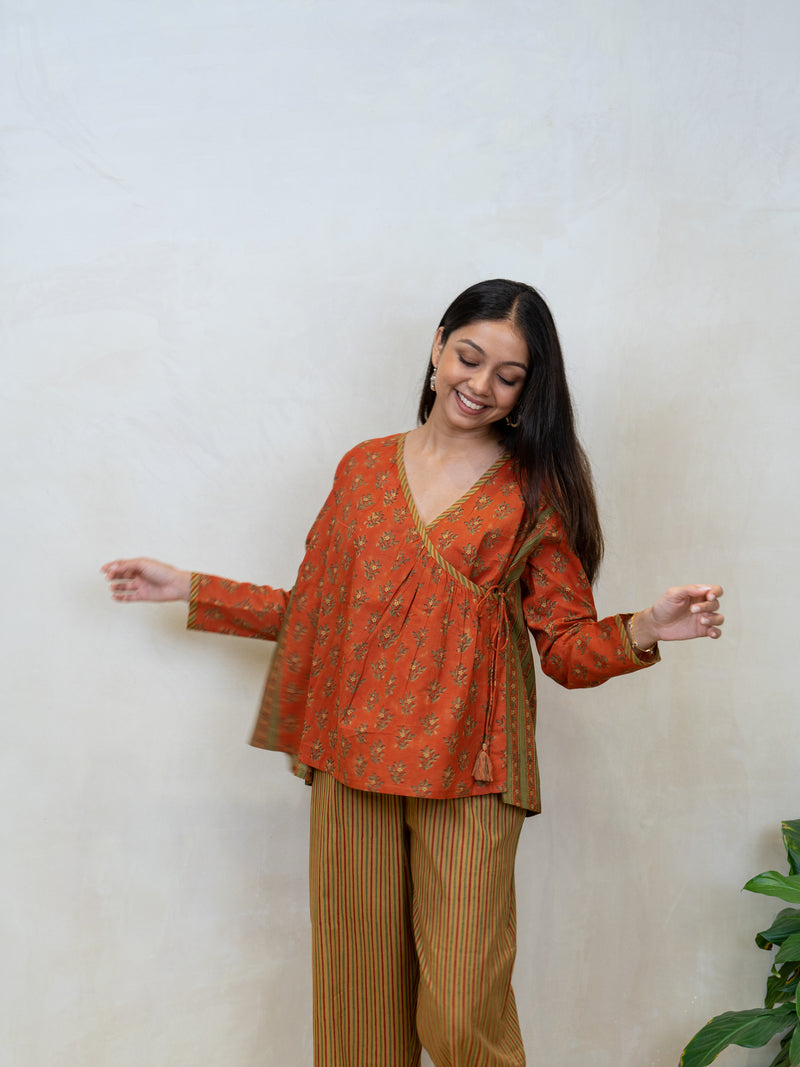 Cotton Hand Block Printed Top - Orange