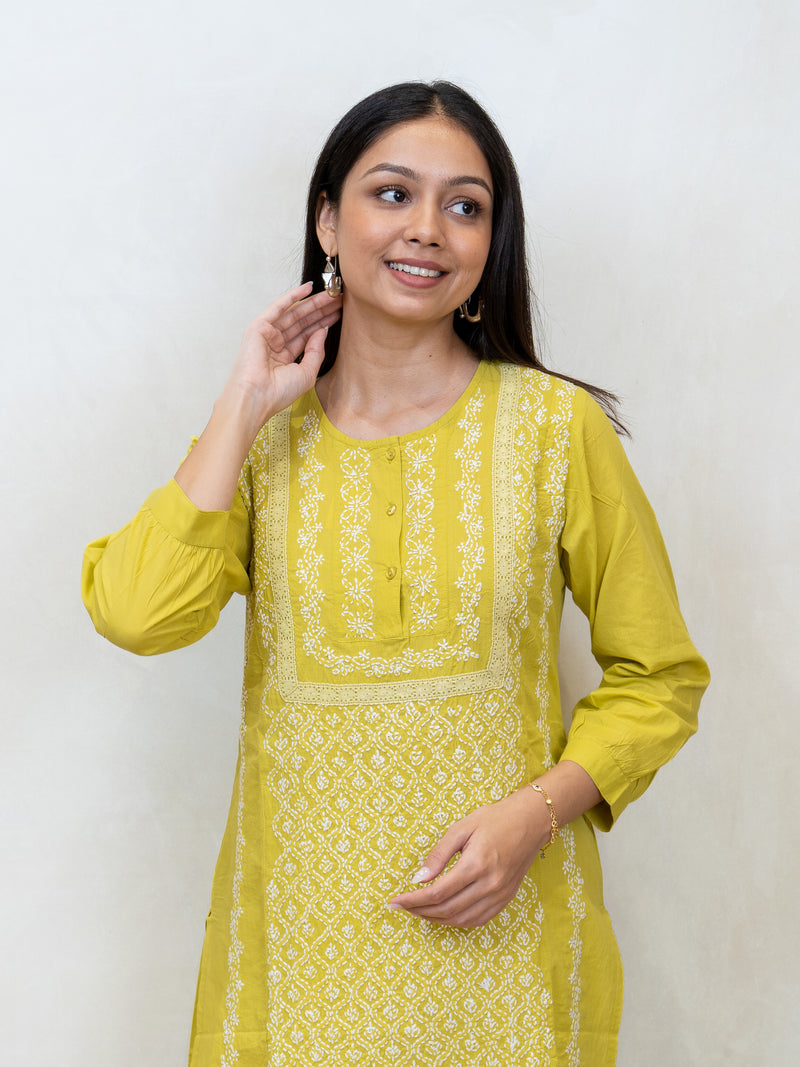 Cotton Chikankari Kurta - Yellow