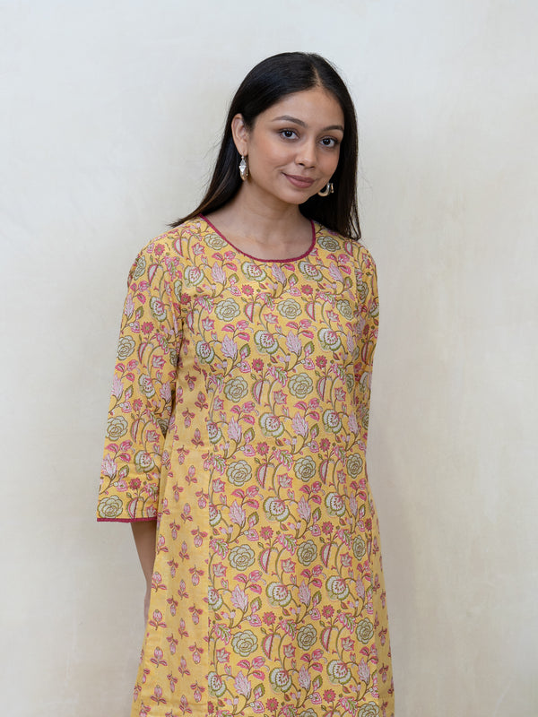 Cotton Hand Block Printed Kurta - Yellow