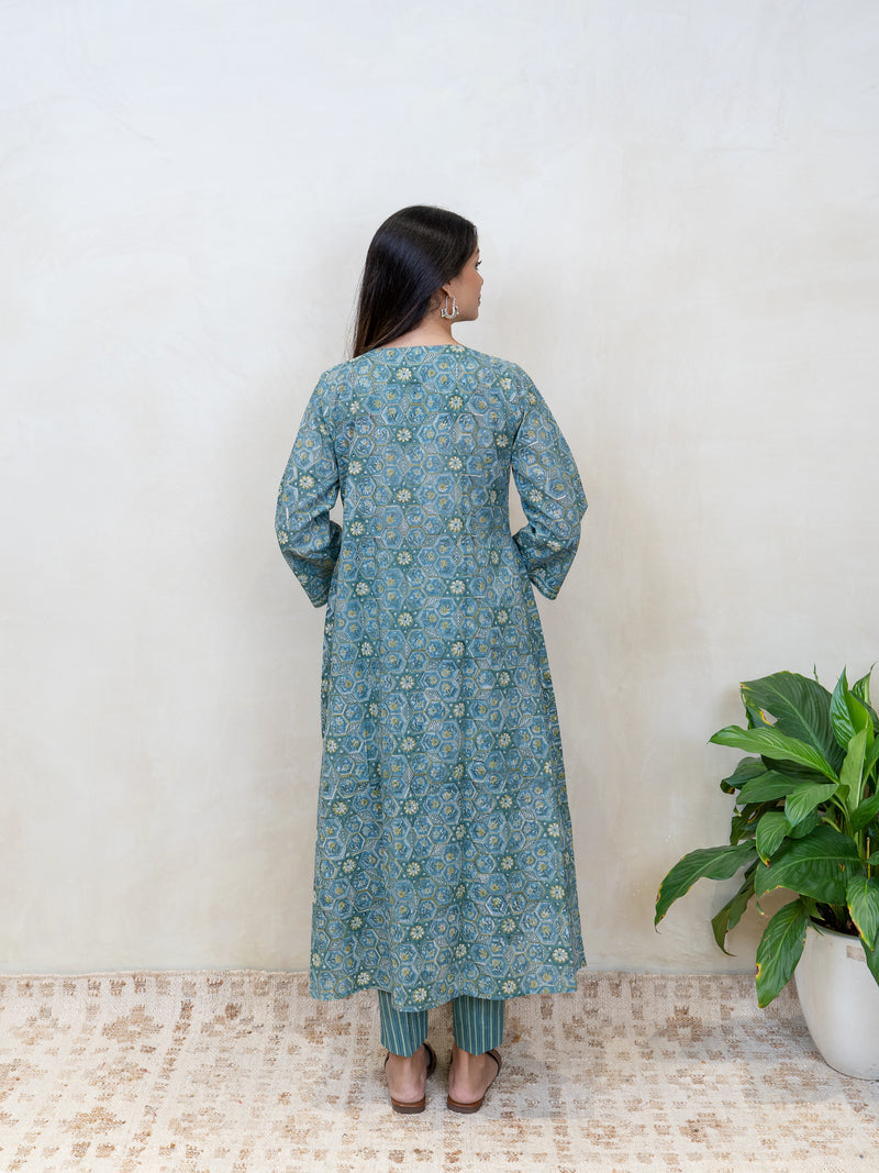 Cotton Hand Block Printed Kurta - Blue