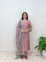 Cotton Kota Doria Hand Block Printed Dupatta - Pink