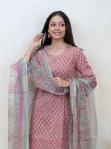 Cotton Kota Doria Hand Block Printed Dupatta - Pink