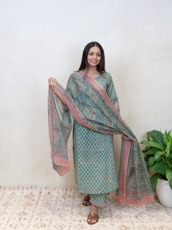 Cotton Kota Doria Hand Block Printed Dupatta - Green