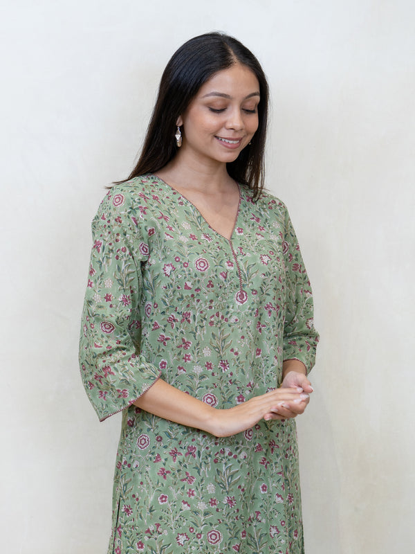 Cotton Hand Block Printed Kurta - Green