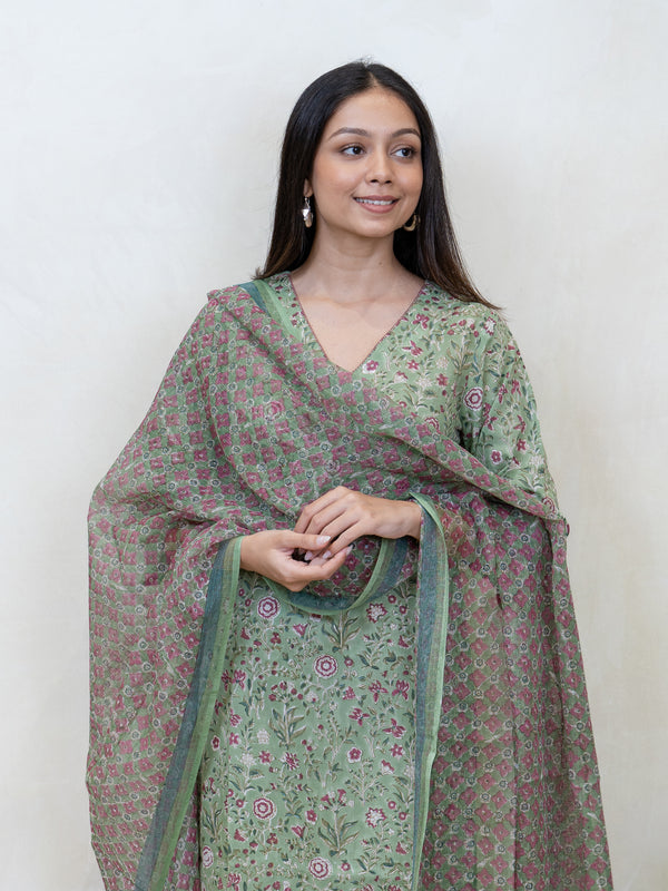 Cotton Kota Doria Hand Block Printed Dupatta - Green