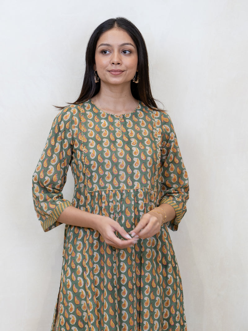 Cotton Hand Block Printed Kurta - Green