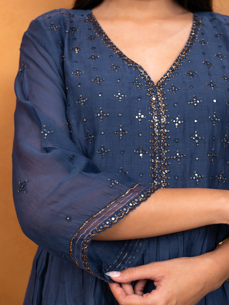 Chanderi Hand Work Kurta - Blue