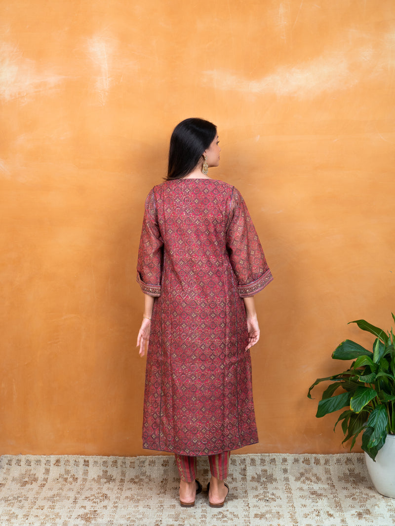 Chanderi Hand Embroidery Kurta - Pink