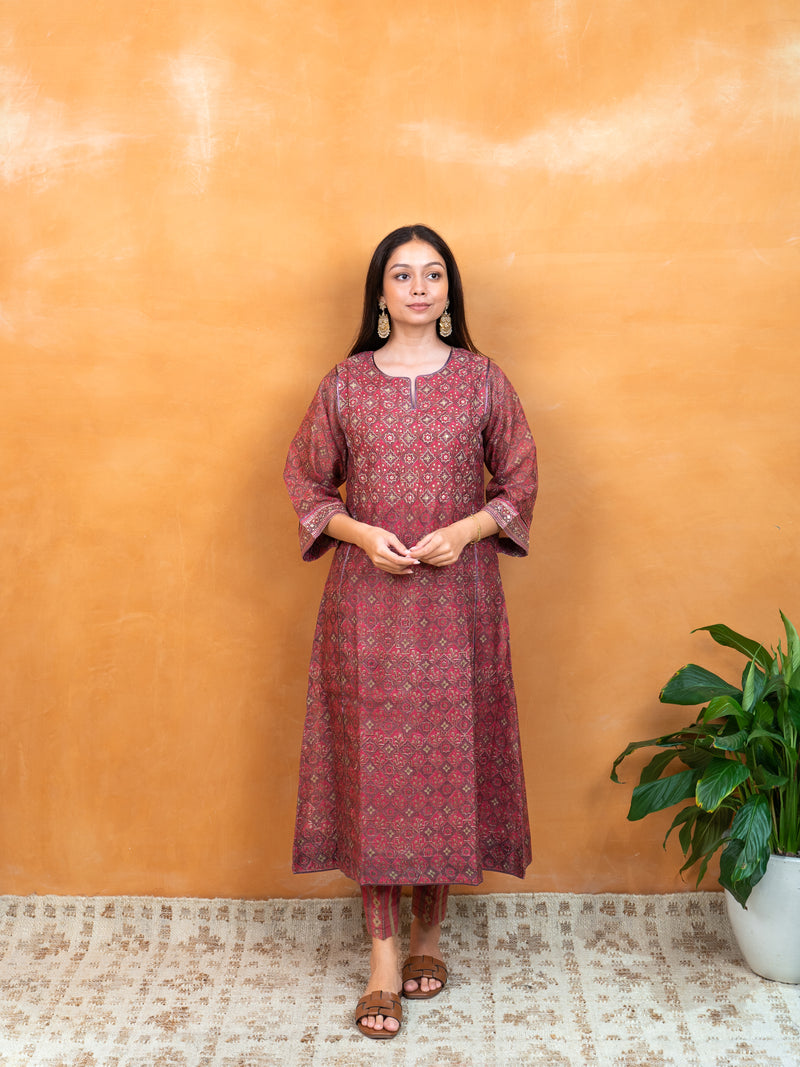 Chanderi Hand Embroidery Kurta - Pink