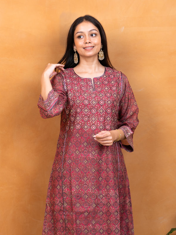 Chanderi Hand Embroidery Kurta - Pink