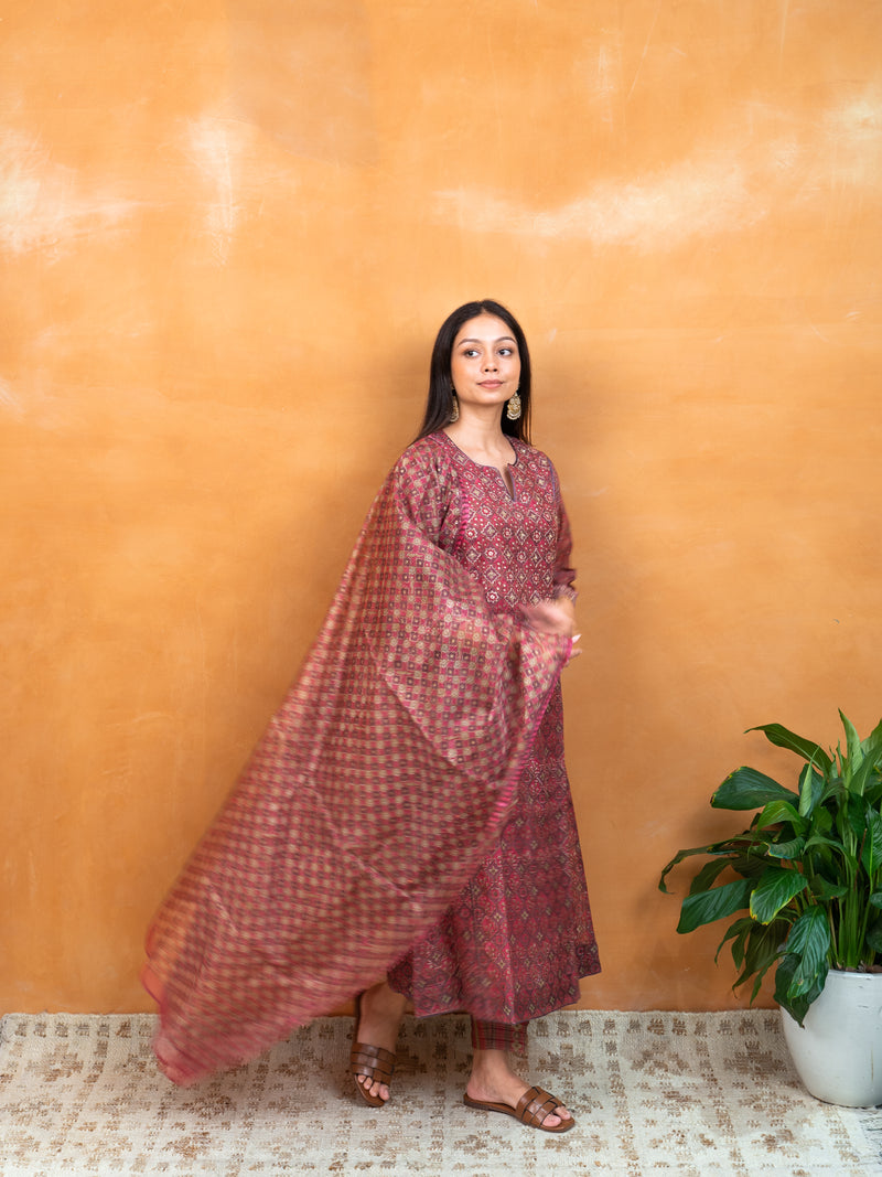Kota Silk Hand Block Printed Dupatta - Pink