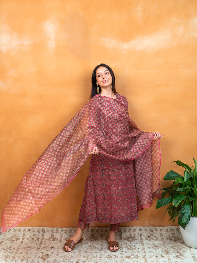 Kota Silk Hand Block Printed Dupatta - Pink