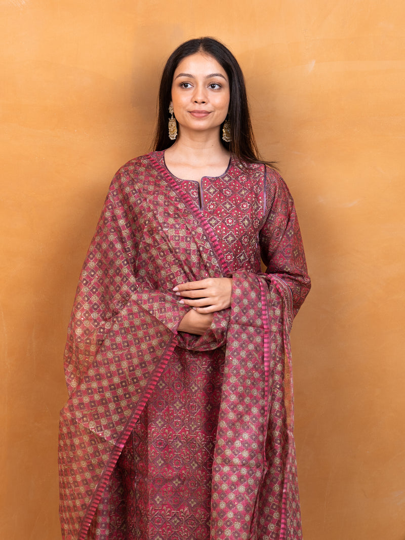 Kota Silk Hand Block Printed Dupatta - Pink