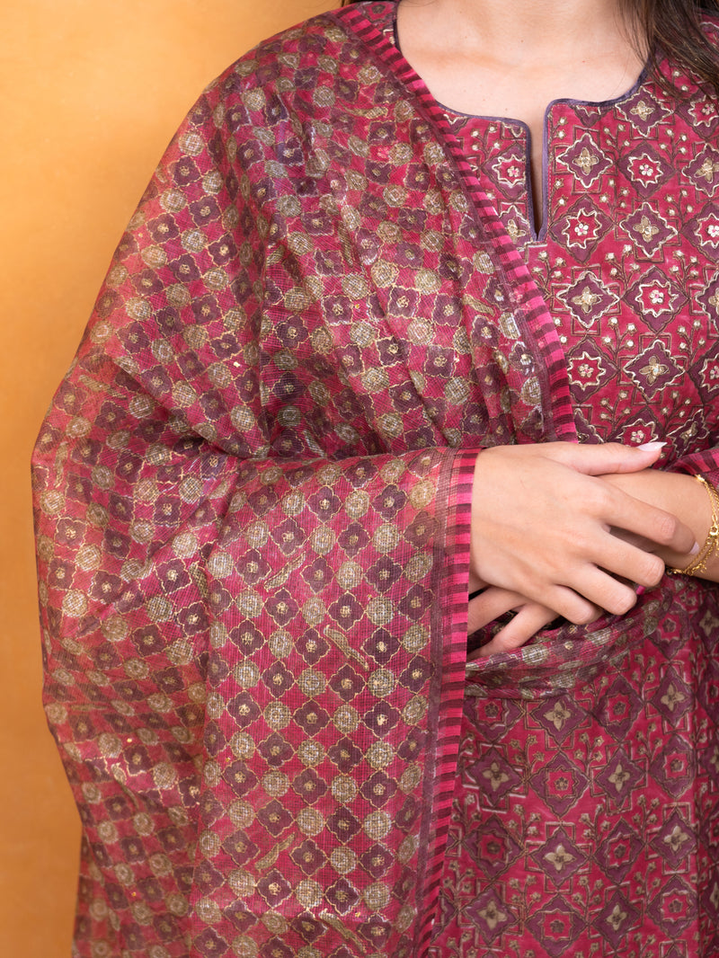 Kota Silk Hand Block Printed Dupatta - Pink