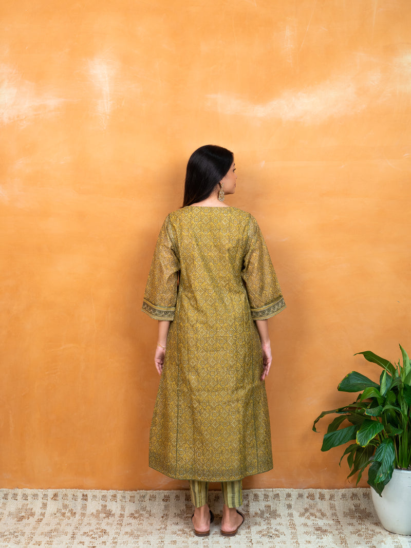 Chanderi Hand Embroidery Kurta - Light Green