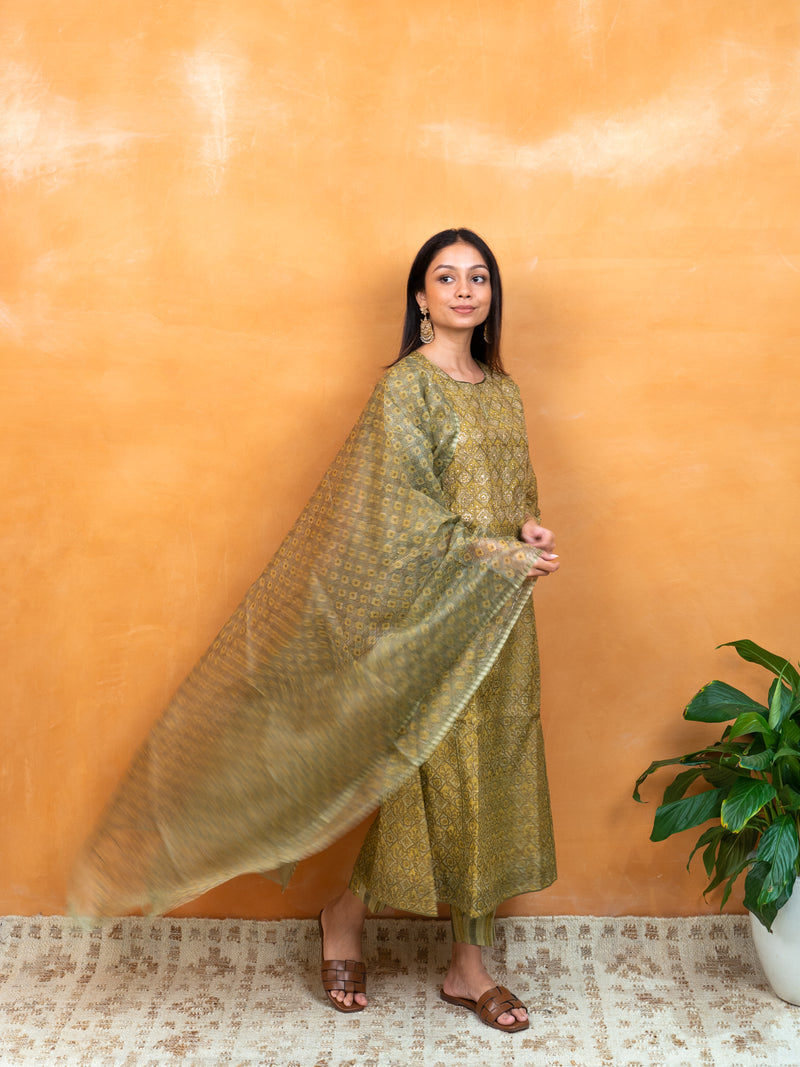 Kota Silk Hand Block Printed Dupatta - Light Green