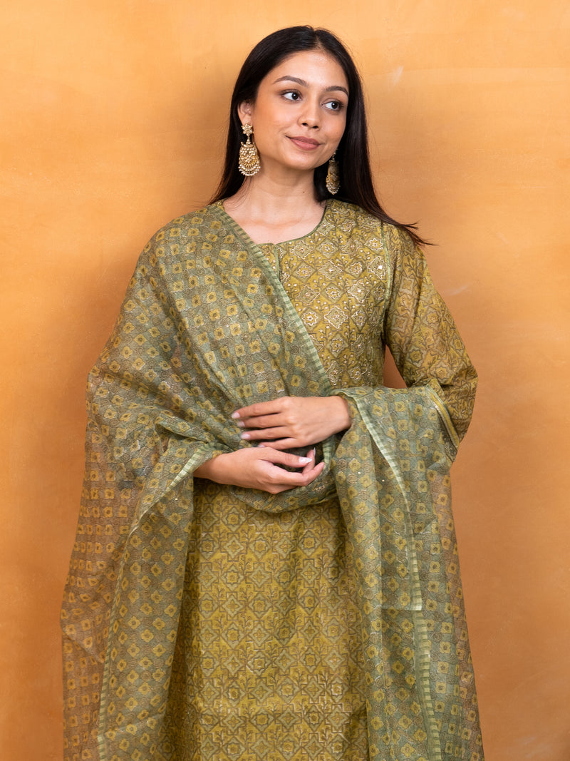 Kota Silk Hand Block Printed Dupatta - Light Green