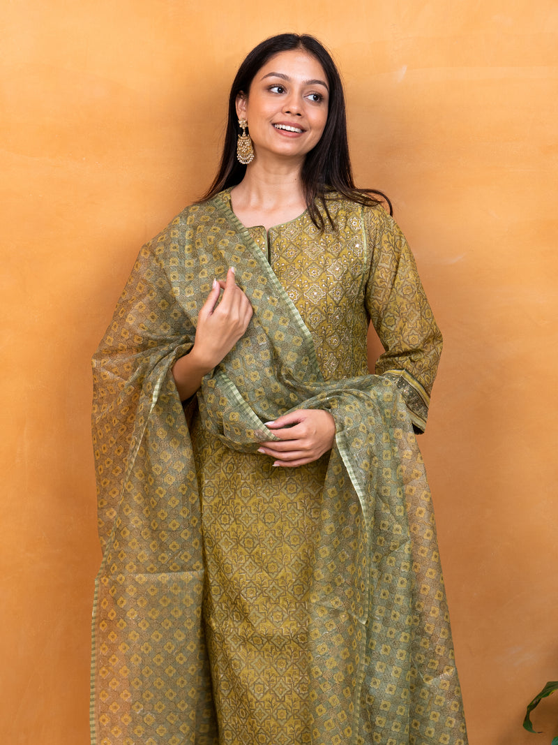 Kota Silk Hand Block Printed Dupatta - Light Green