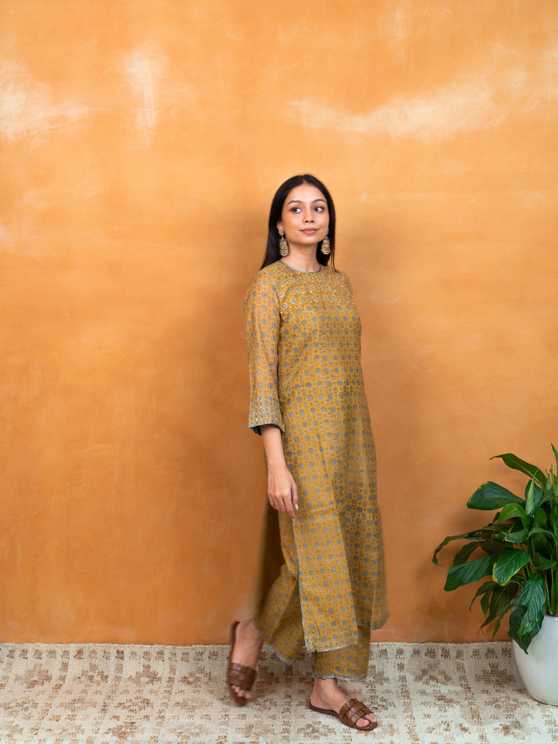 Chanderi Hand Block Printed Parallel - Mustard Yellow