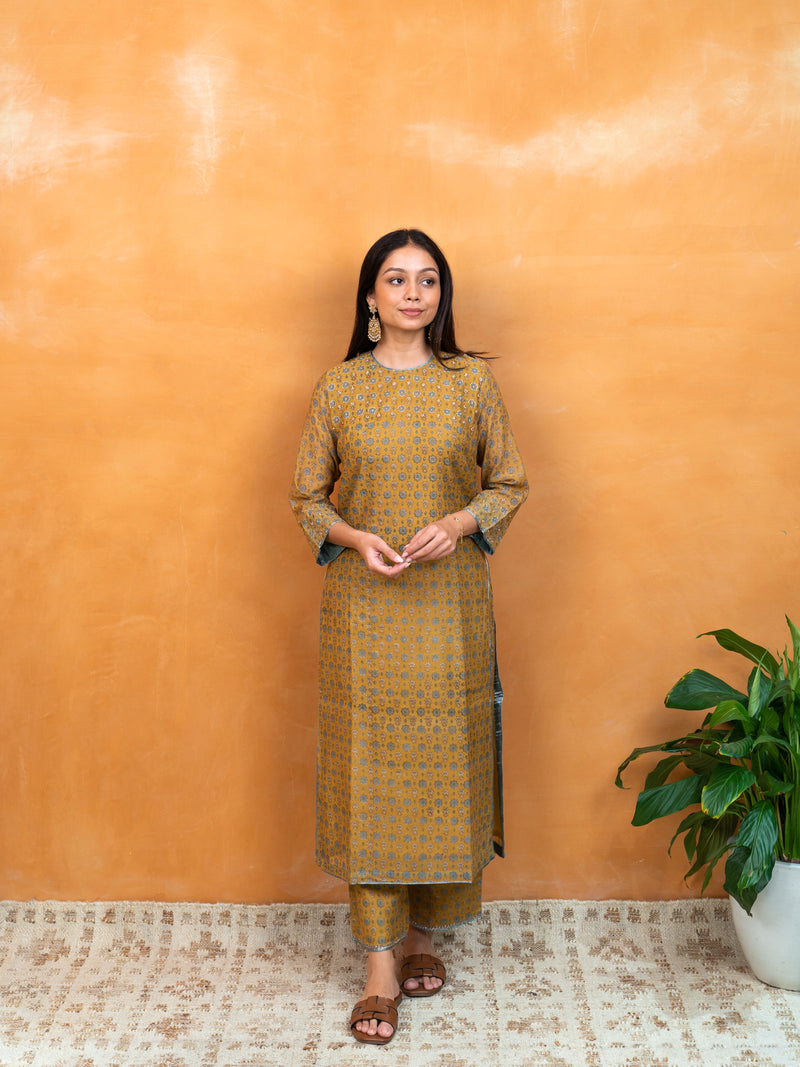 Chanderi Hand Embroidery Kurta - Mustard Yellow