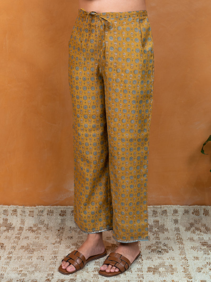 Chanderi Hand Block Printed Parallel - Mustard Yellow