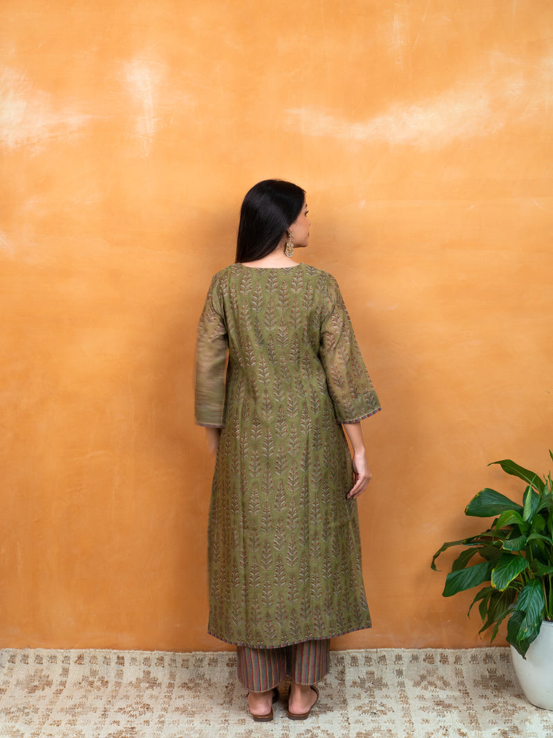 Chanderi Hand Embroidery Kurta - Green