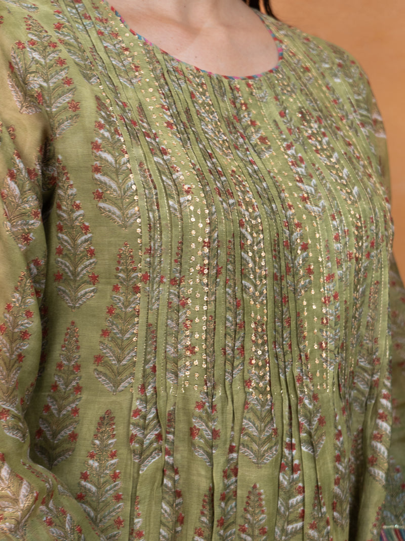 Chanderi Hand Embroidery Kurta - Green