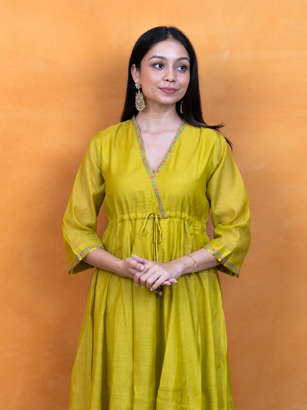 Chanderi Hand Embroidered Kurta - Yellow