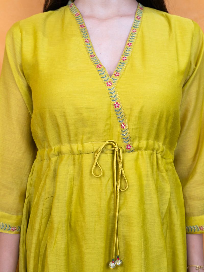 Chanderi Hand Embroidered Kurta - Yellow