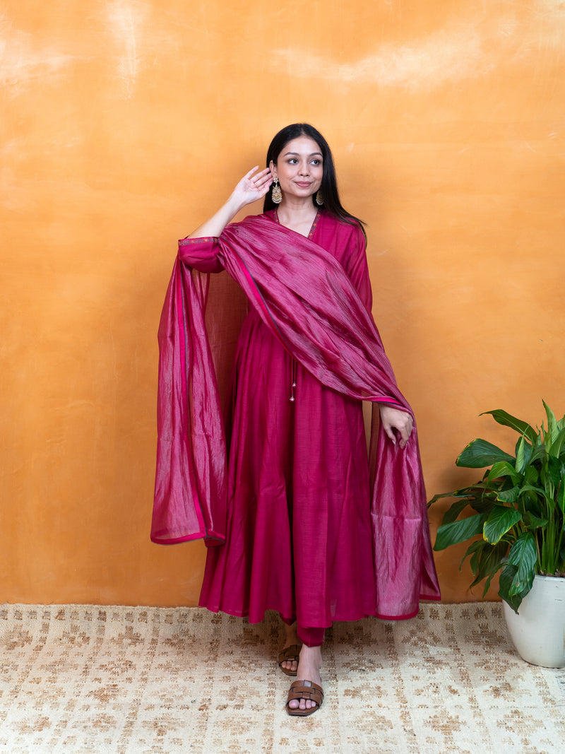 Chanderi Hand Embroidered Kurta - Pink