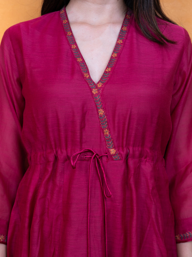 Chanderi Hand Embroidered Kurta - Pink