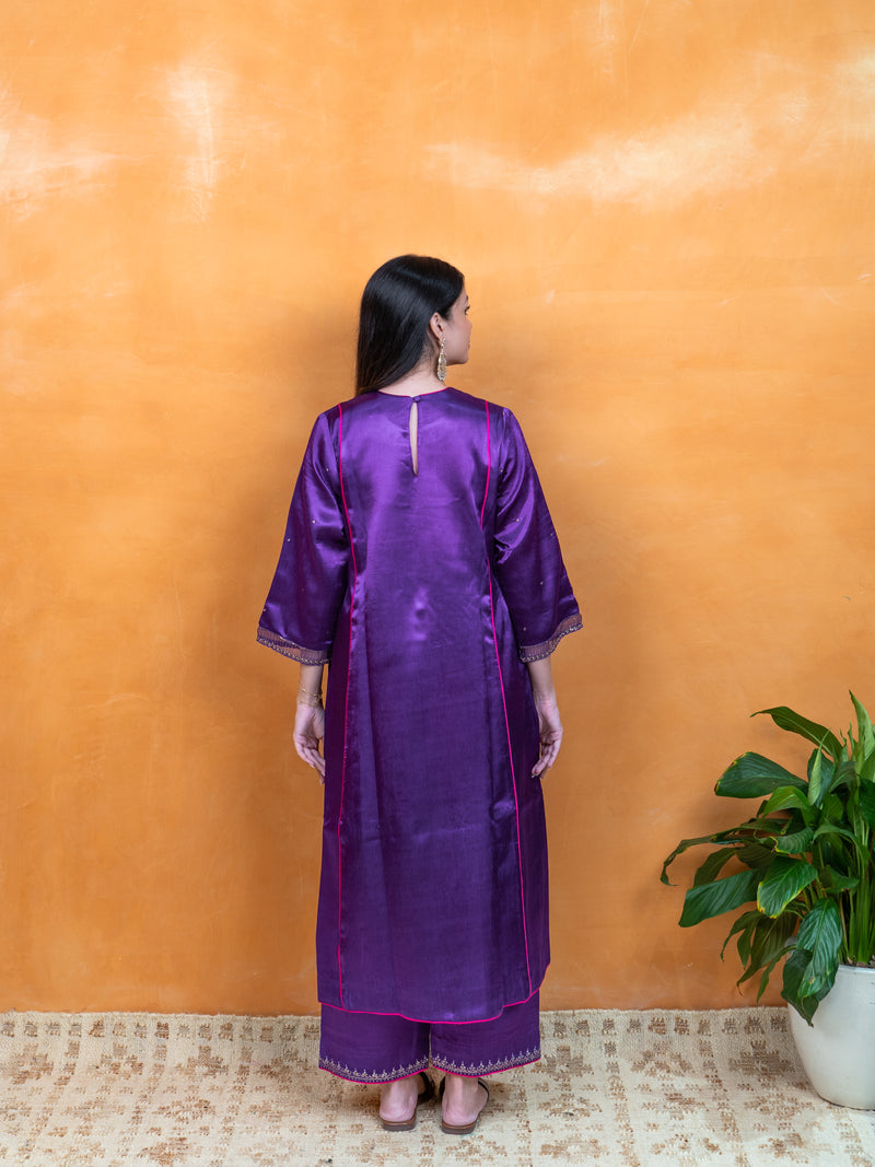 Mashru Hand Work Kurta - Purple