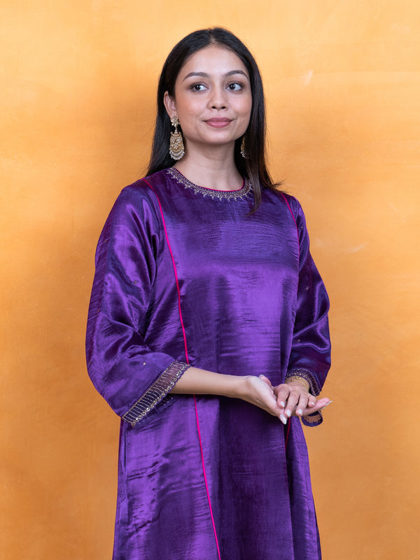 Mashru Hand Work Kurta - Purple