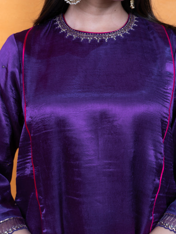 Mashru Hand Work Kurta - Purple