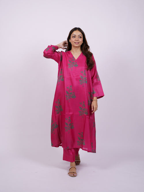 Pink Satin Chanderi Hand Block Printed Kurta
