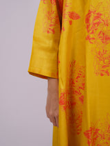 Yellow Satin Chanderi Hand Block Printed Kurta