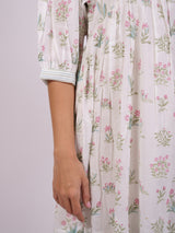 White Floral Hand Block Printed Cotton Tiered Dress