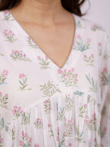 White Floral Hand Block Printed Cotton Tiered Dress