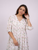 White Floral Hand Block Printed Cotton Tiered Dress