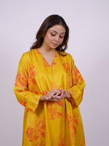 Yellow Satin Chanderi Hand Block Printed Kurta