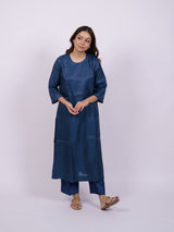 Blue Hand-Block Printed Satin Chanderi Kurta