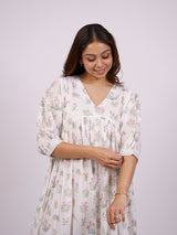 White Floral Hand Block Printed Cotton Tiered Dress