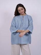 Blue Hand-Embroidered Linen Top