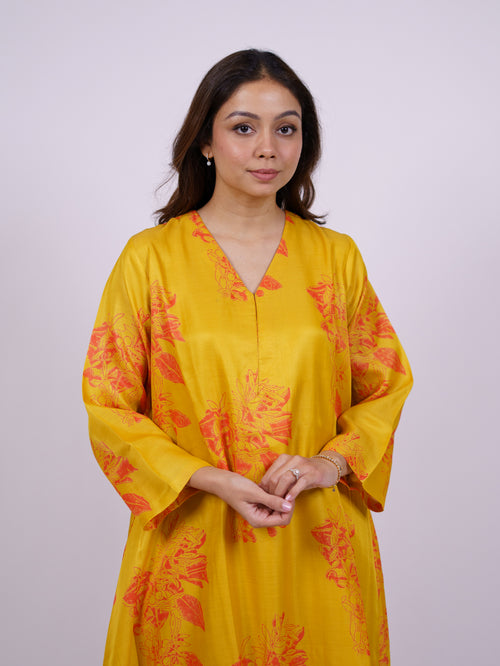 Yellow Satin Chanderi Hand Block Printed Kurta