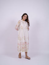 White Floral Hand-Embroidered Chanderi Dress with Slip