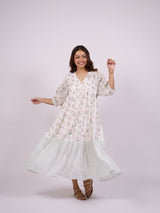 White Floral Hand Block Printed Cotton Tiered Dress