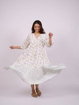 White Floral Hand Block Printed Cotton Tiered Dress