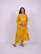 Yellow Satin Chanderi Hand Block Printed Kurta