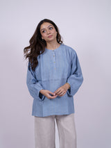 Blue Hand-Embroidered Linen Top