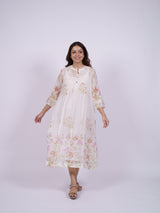White Floral Hand-Embroidered Chanderi Dress with Slip